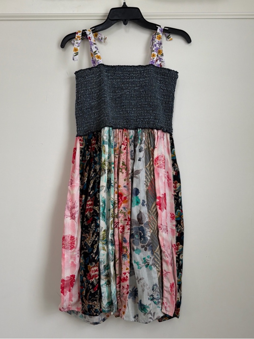 Young Threads Patchwork Smocked Tie Bow Spaghetti Strap Dress L NWT